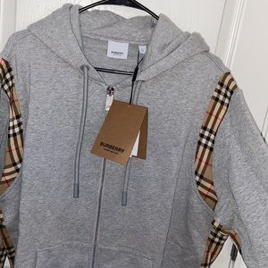 Burberry Vintage Check panel Cotton hooded top- grey XL